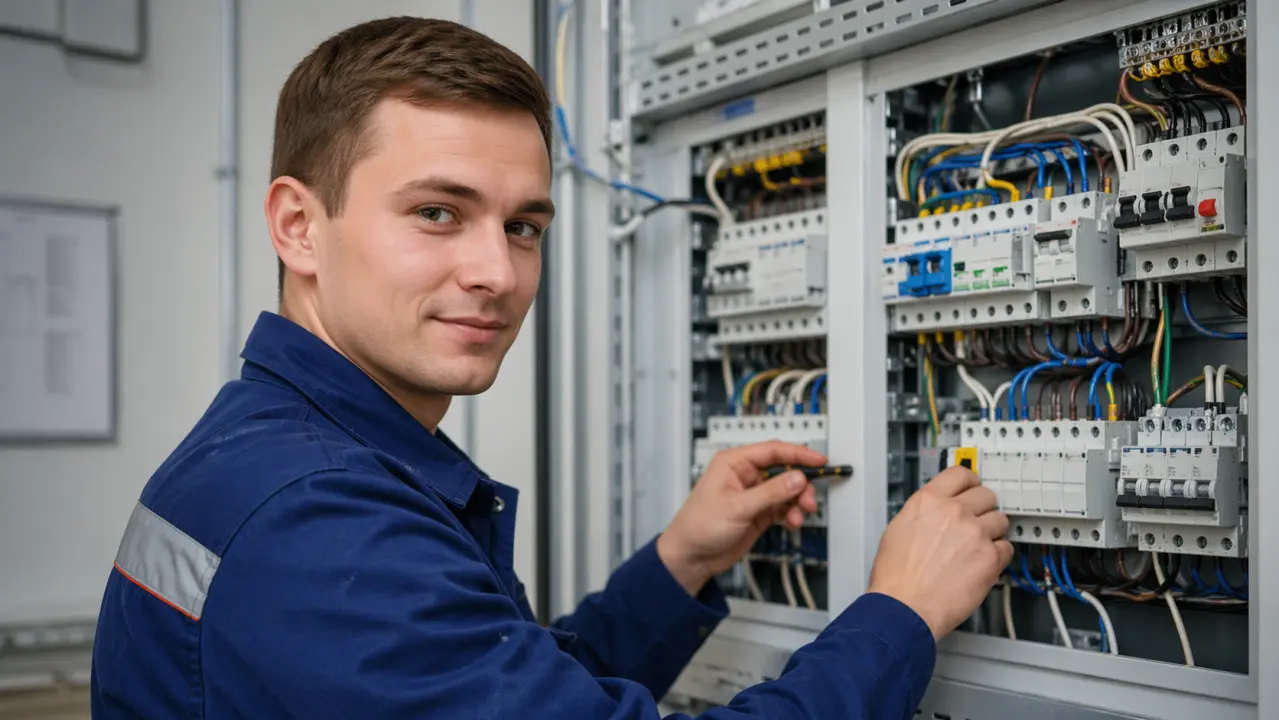 Мужчина ремонтирует электрощит