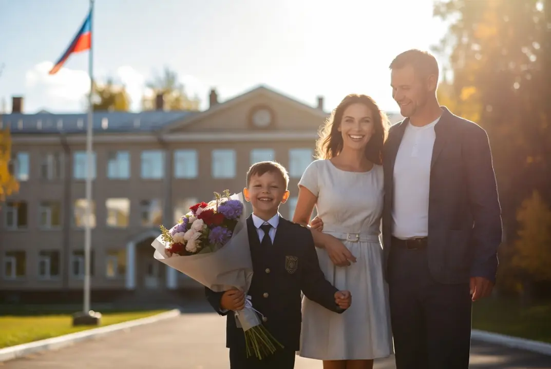 Родители провожают ребенка в школу 1 сентября
