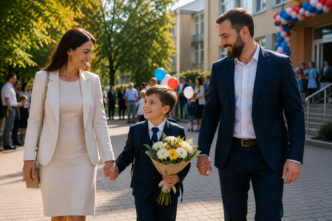 Родители ведут ребенка на линейку