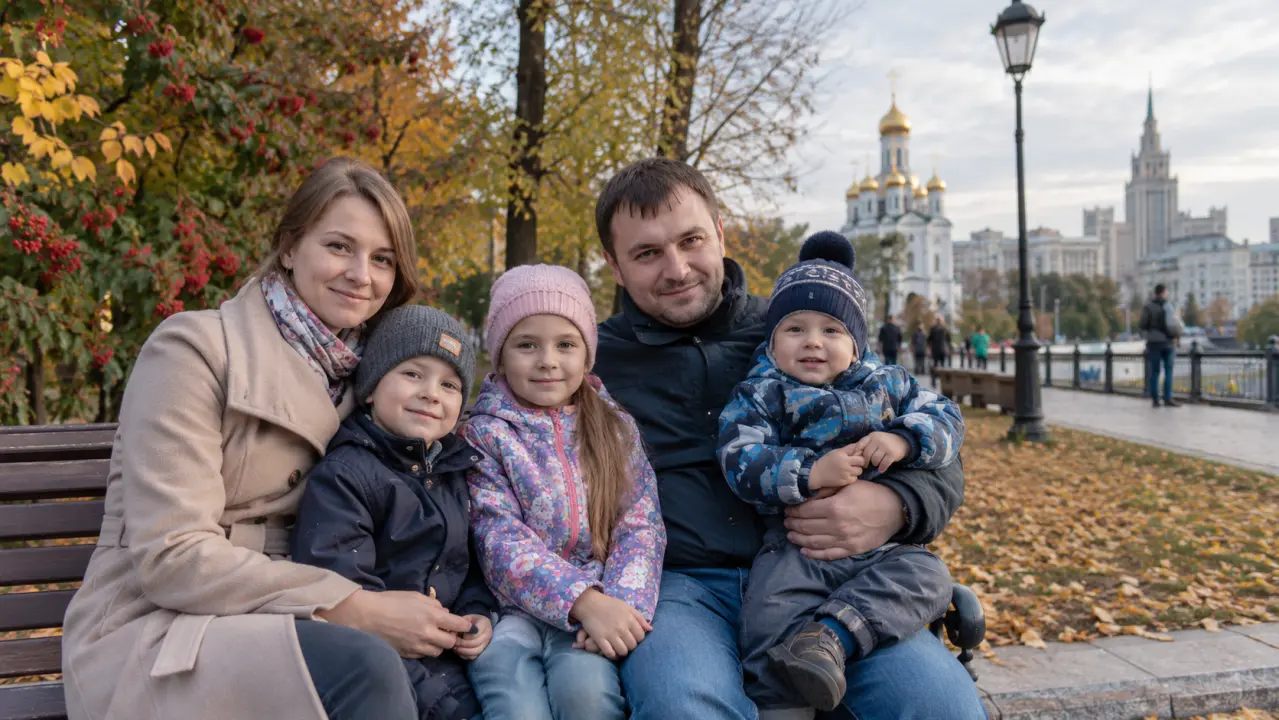 семья на скамейке в парке с тремя детьми