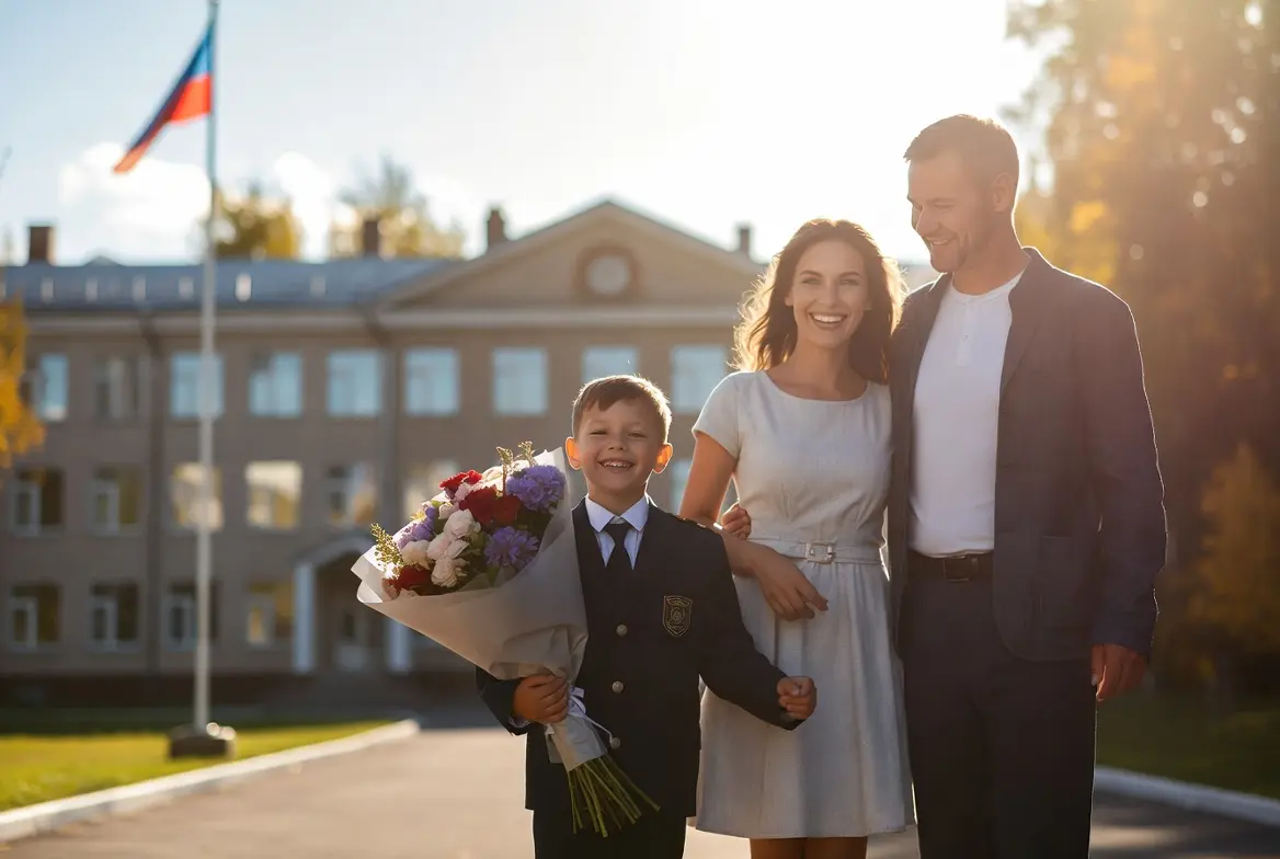 Родители провожают ребенка в школу 1 сентября