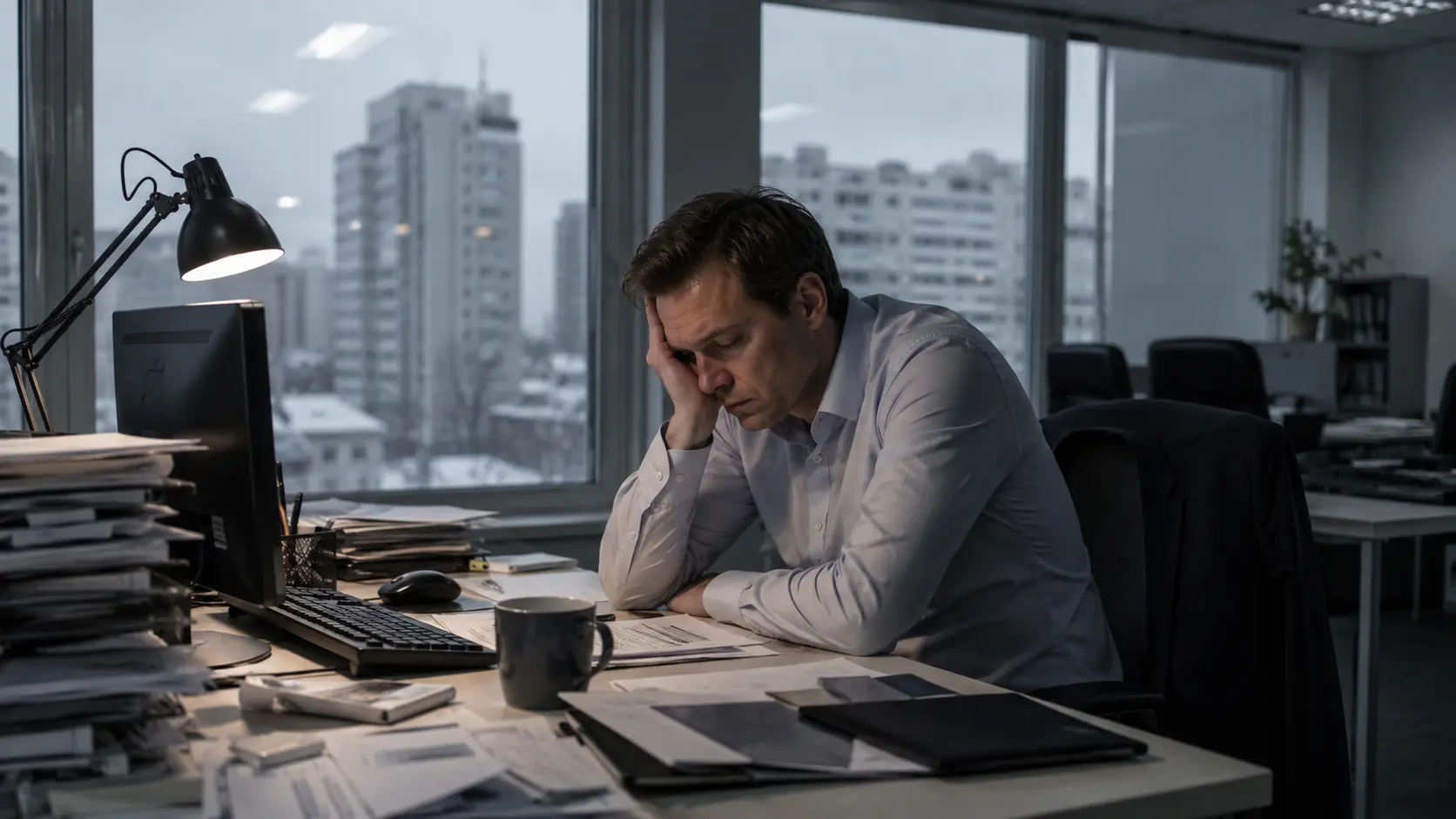 Мужчина грустит на работе