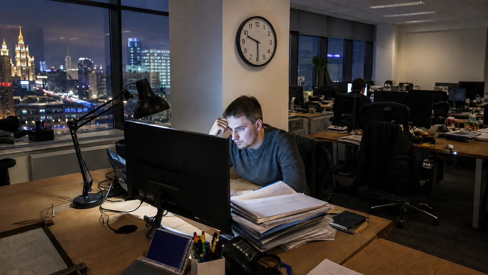 работник в темном офисе после рабочего дня