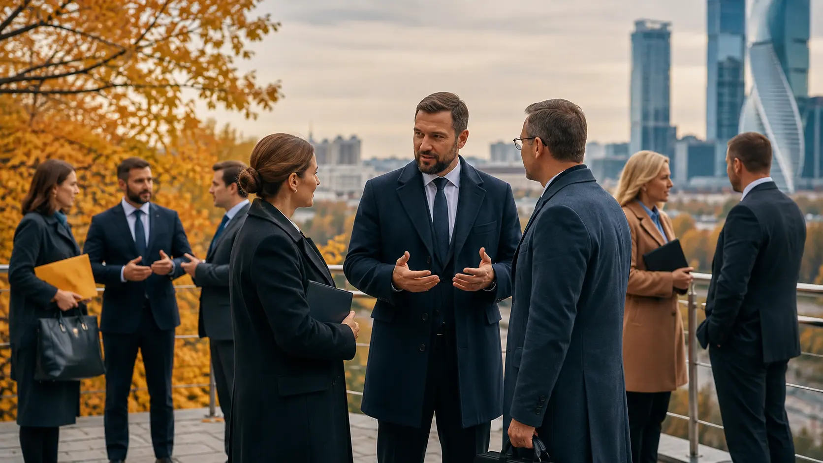 люди в деловых костюмах на фоне города